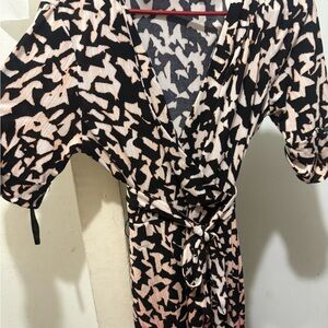 APT.9 Wrap Midi Dress in Black and Blush Abstract Print